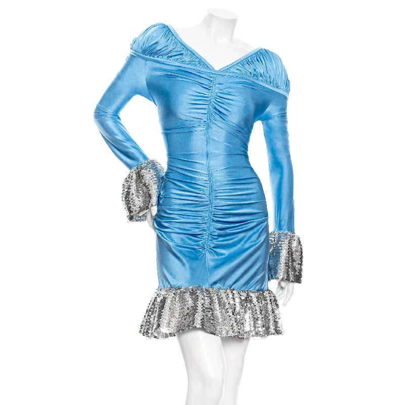 women's stretch dressesBlue Viscose-Blend Ruched Sequin Mini Dress