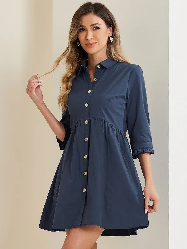 Spaghetti Strap DressRuched 3/4 Sleeve Button Up Casual Mini Shirt Dress