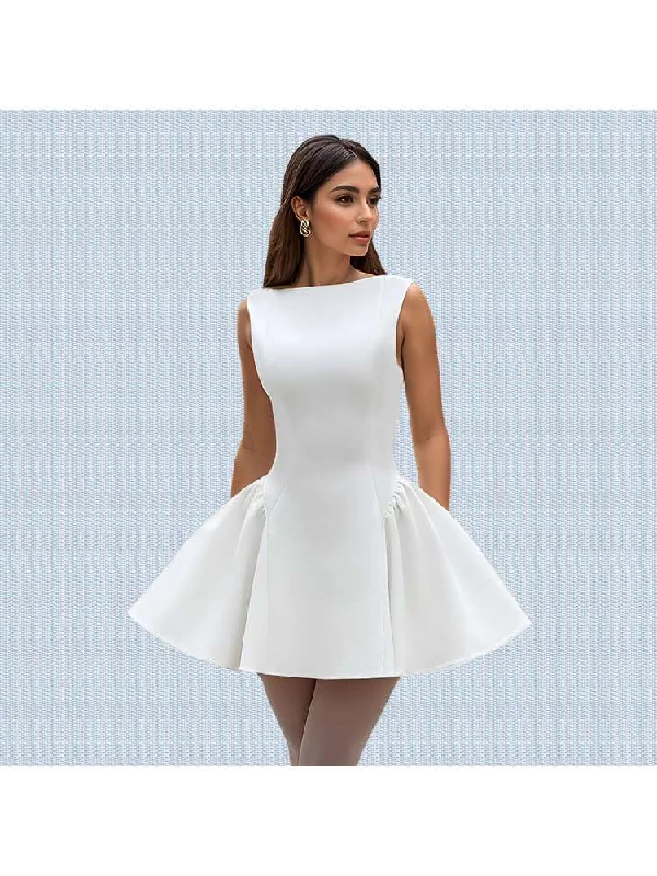 women's pear-shaped body dressesPlain Boat Neck Backless A-line Mini Dress