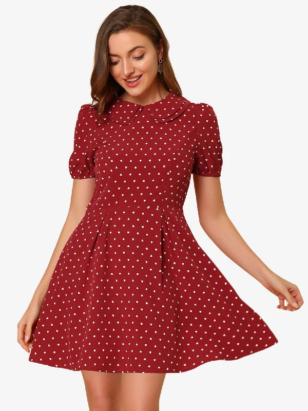 women's handmade dressesHeart Print Short Sleeve A-Line Peter Pan Collar Mini Dress