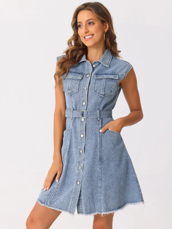 women's velvet dressesDenim Button Down Lapel Belted A-Line Pockets Mini Shirt Dress