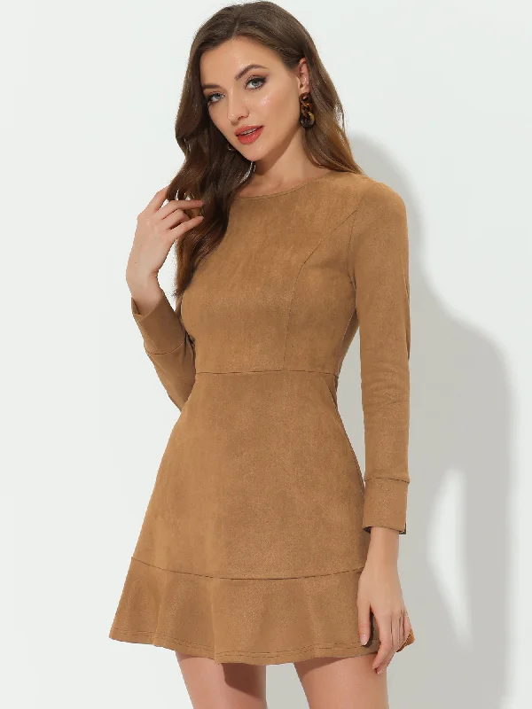 women's travel dressesFaux Suede Round Neck Long Sleeve Ruffle Hem Party Mini Dress