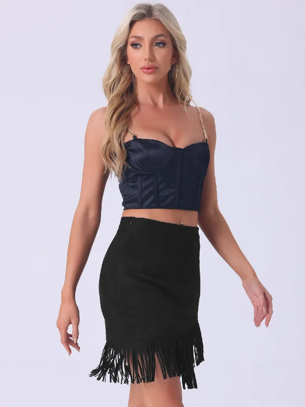 Button-Down DressFaux Suede Stretch Fringe Trim High Waist Mini Skirt