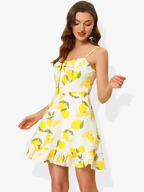 Prom DressRuffle Bow Knot Mini Sundress Lemon Spaghetti Strap Dress