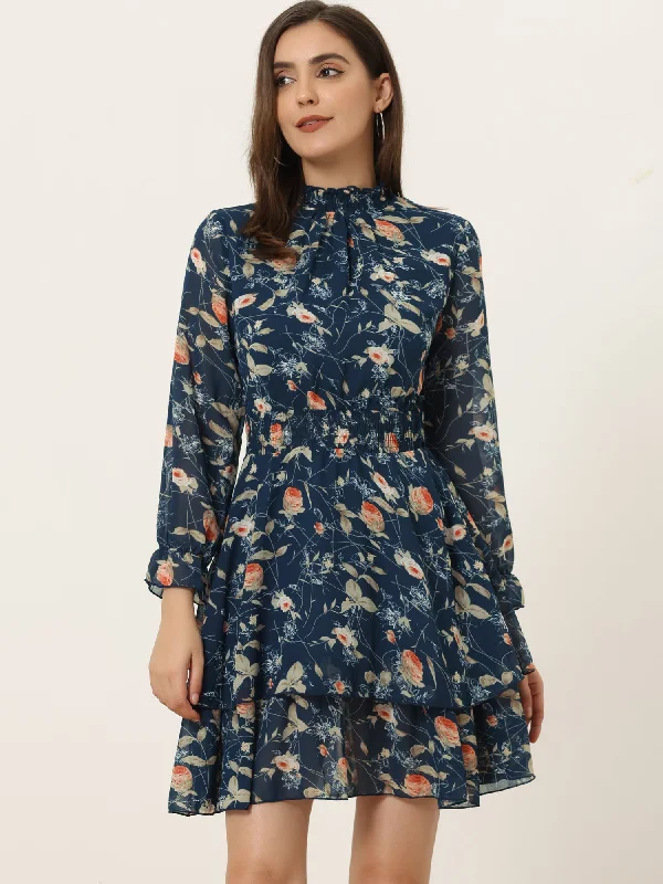 Sleeveless DressFloral Chiffon Long Sleeve Mock Neck Ruffle Layered Mini Dress