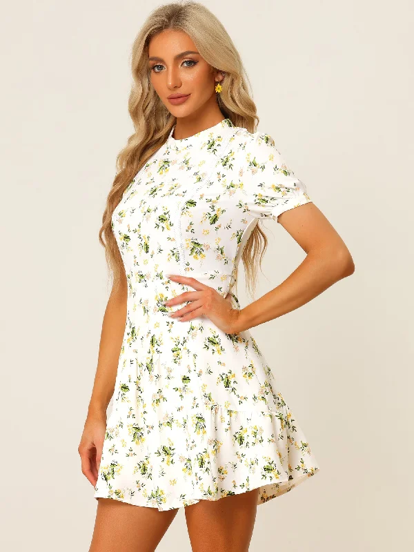 Ball Gown DressFloral Printed Short Sleeve Self Tie Summer Mini Dress