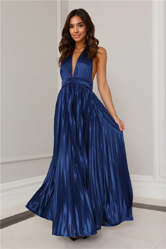 women's flutter-sleeved dressesShimmering Sea Pleated Halter Maxi Dress Navy