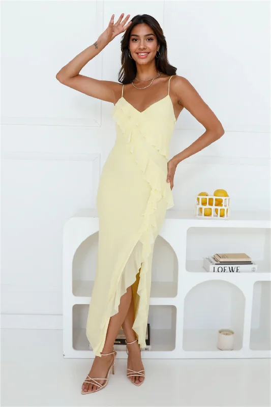 women's pastel dressesFlaunt It Girl Frill Mesh Maxi Dress Yellow