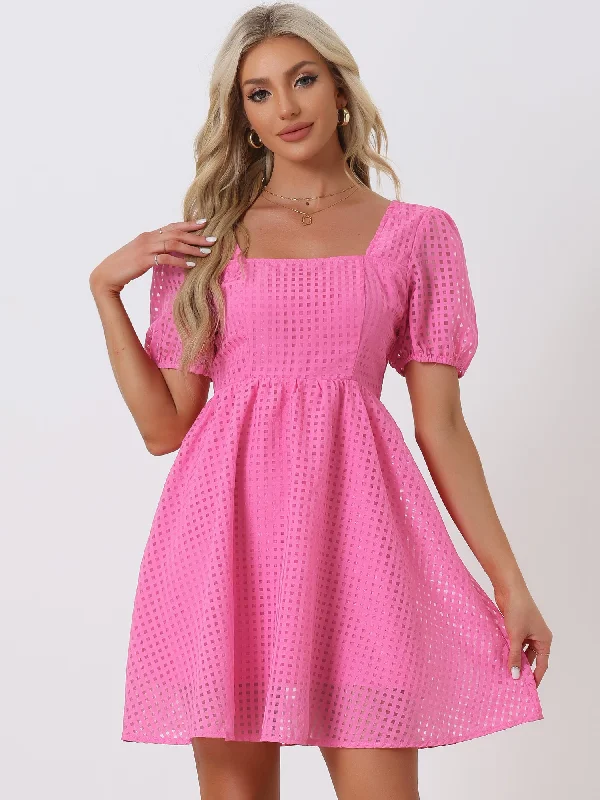 A-Line DressShort Puff Sleeve Square Neck Flowy Swing A-Line Party Mini Dress