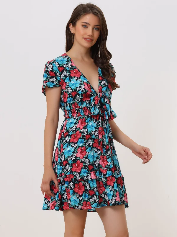 Cold-Shoulder DressFloral Deep V Neck Tie Knot Smocked Tiered Ruffle Mini Dress