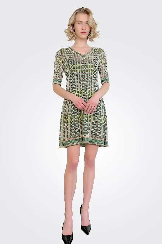 Designer DressShort Sleeve V Neck Mini Dress - Green Multi