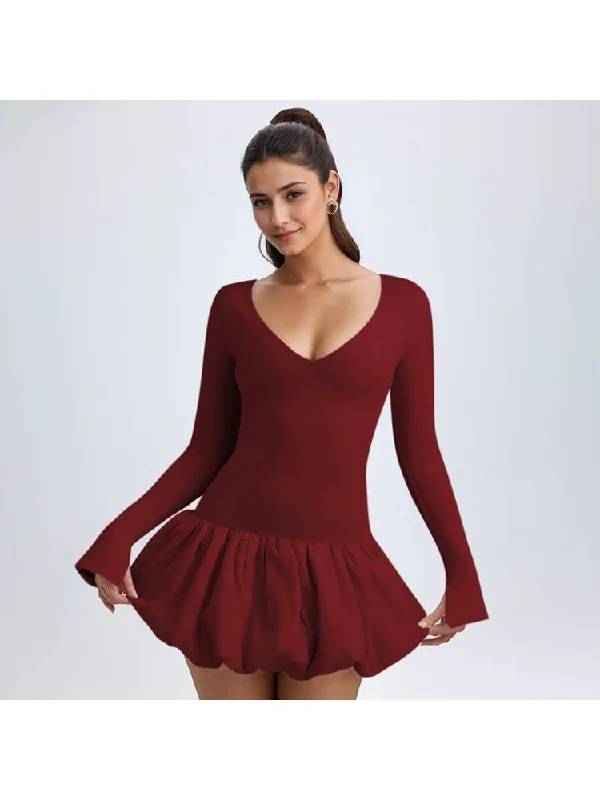 women's tall dressesSolid V Neck Fitted Bubble Mini Dress