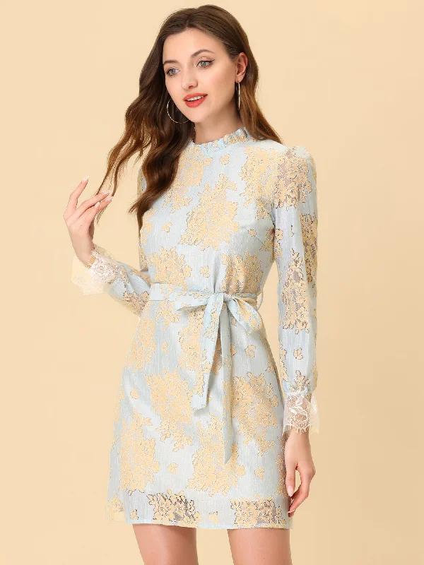 Jersey DressLace Floral Ruffle Crew Neck Cocktail Mini Dress