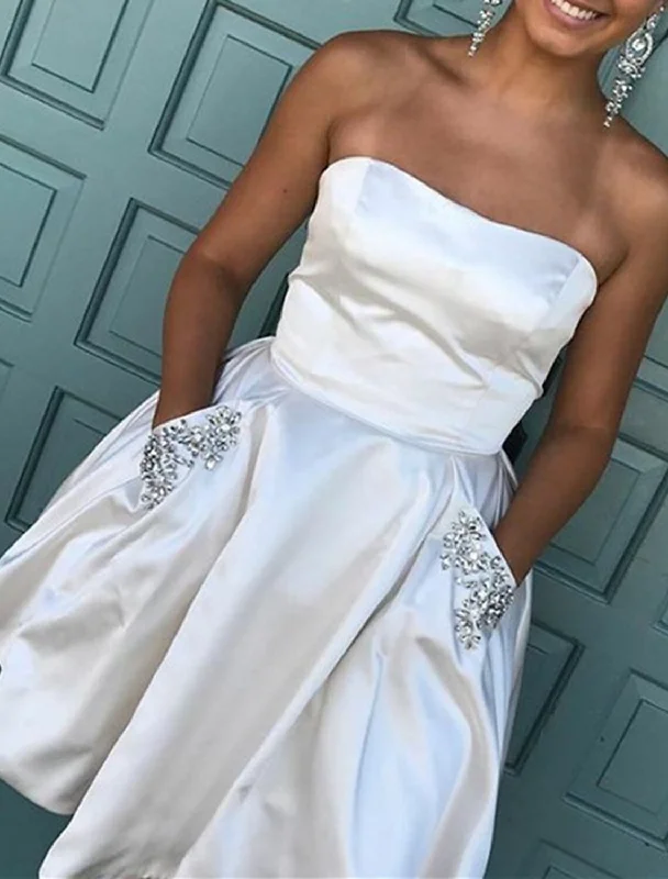 women's bridesmaid dressesA-Line Homecoming Dresses Little White Dresses Dress Holiday Graduation Short / Mini Sleeveless Strapless Pocket Satin with Rhinestone