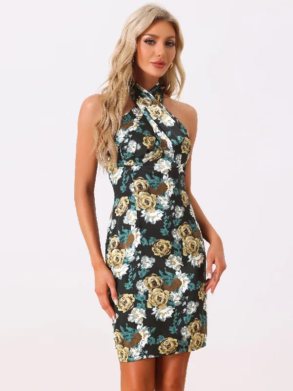 Floral DressFloral Halter Neck Sleeveless Satin Mini Dress