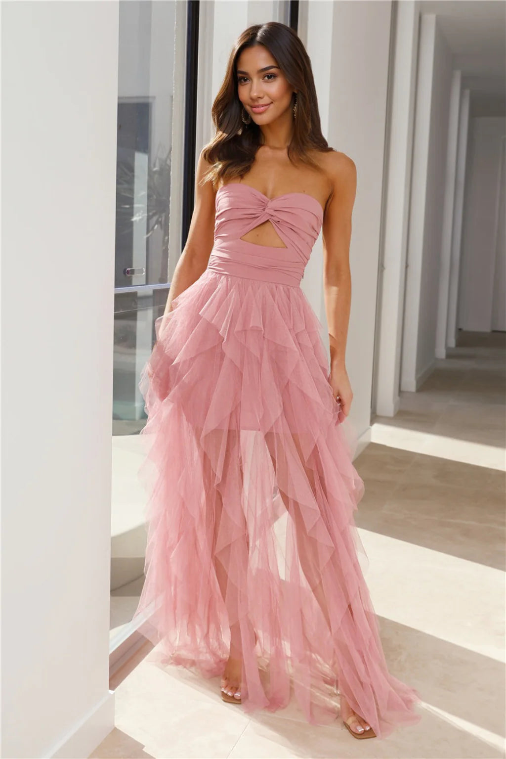 women's denim dressesIn Her Fairytale Tulle Strapless Maxi Dress Pink