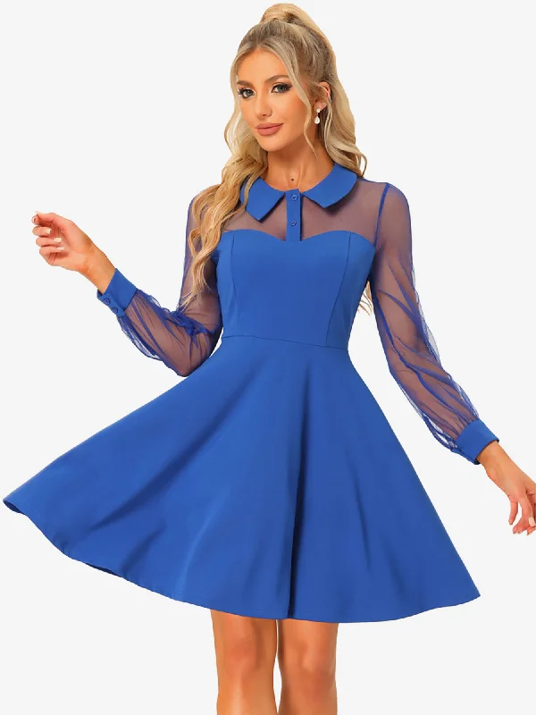 Tall Women DressCocktail Party Sheer Mesh Panel Long Sleeve Mini A-Line Dress