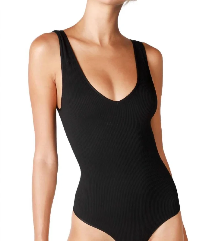 Vibrant Sports Swimwear FemaleRibbed V Neck Tank Bodysuit In Black