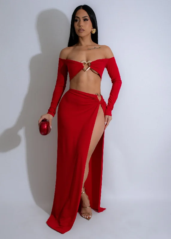 women's off-the-shoulder dressesCrimson Aura Skirt Set Red