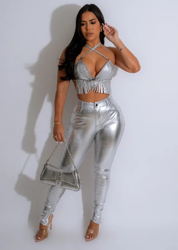 women's hourglass figure dressesHard As A Rock Faux Leather Crop Top Silver