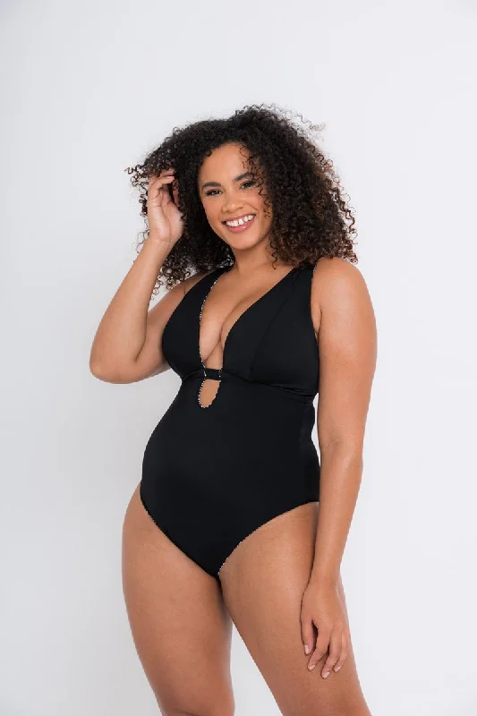 Plus-Size Female SwimwearSundown Reversible Non-Wired Swimsuit Black Print- CS025607