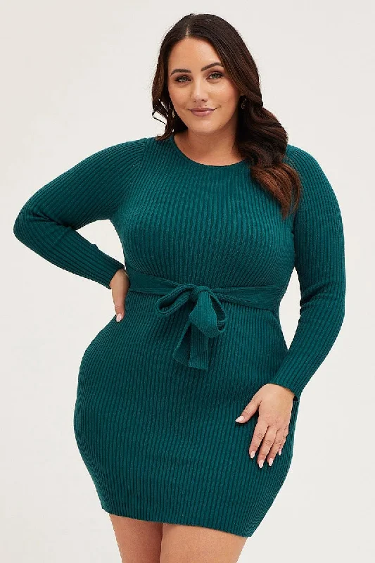 Tiered DressGreen Bodycon Dress Long Sleeve Knit Waist Tie