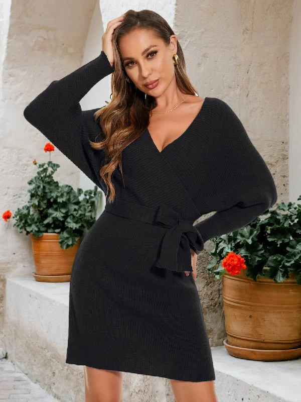 Chic DressV-Neck Wrap Long Dolman Sleeve Knit Bodycon Sweater Dress