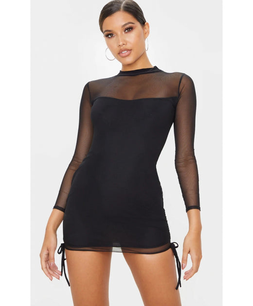 Bell-Sleeve DressBlack Mesh High Neck Bodycon Dress