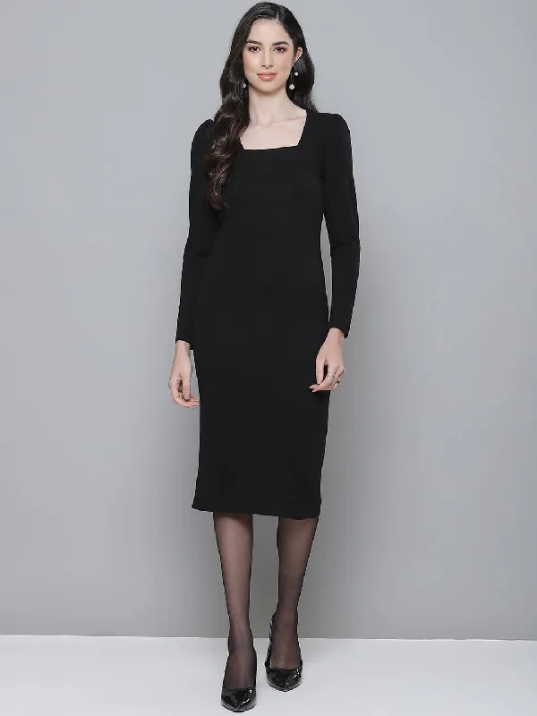 women's club dressesBlack Rib Puff Sleeves Square Neck Bodycon Dress