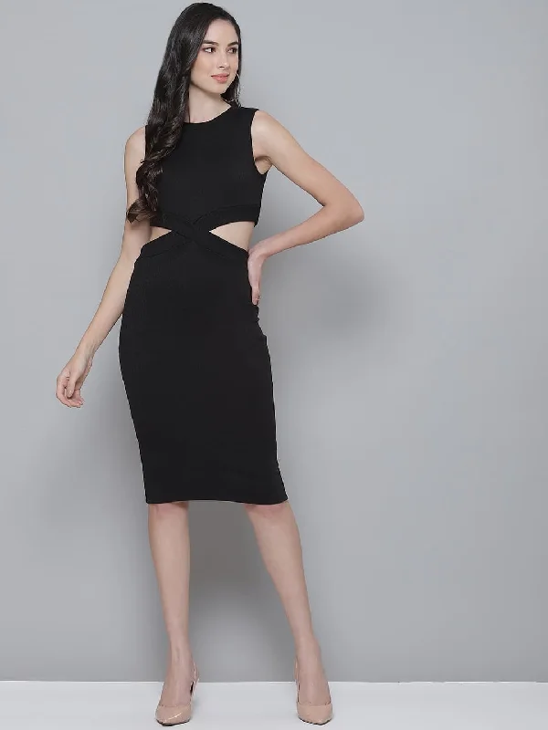 women's sustainable dressesBlack Rib Side Cut-Out Bodycon Dress