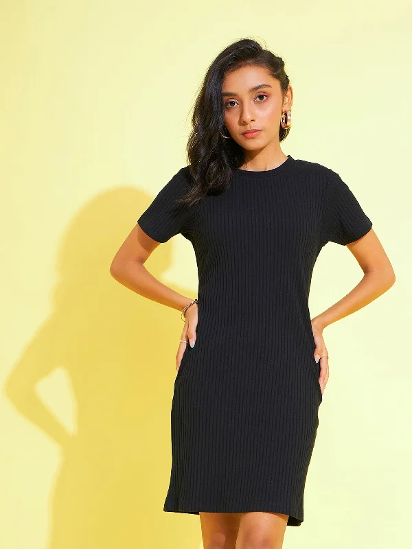 women's stretch dressesGirls Black Rib Round Neck Bodycon Dress