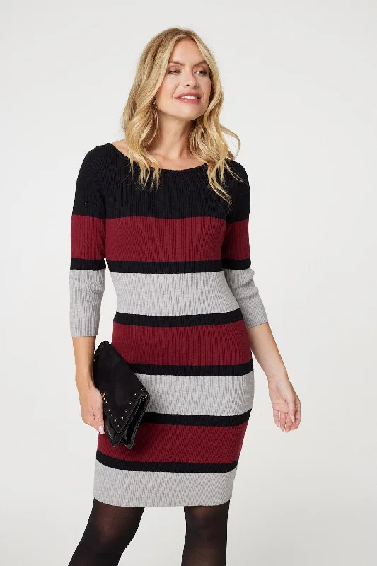 women's fair-trade dressesStriped 3/4 Sleeve Knit Bodycon Short Dress