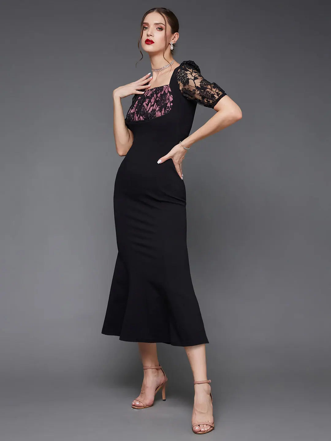 Cocktail DressKeep Me Guessing Lace Overlaid Bodycon Dress Black