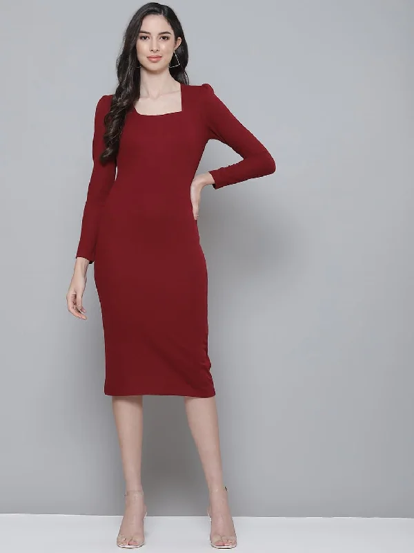 women's boho dressesMaroon Rib Puff Sleeves Square Neck Bodycon Dress