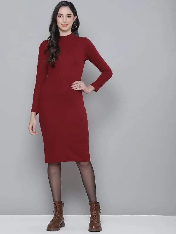 women's ethical fashion dressesMaroon Rib Turtle Neck Zipped Bodycon Dress