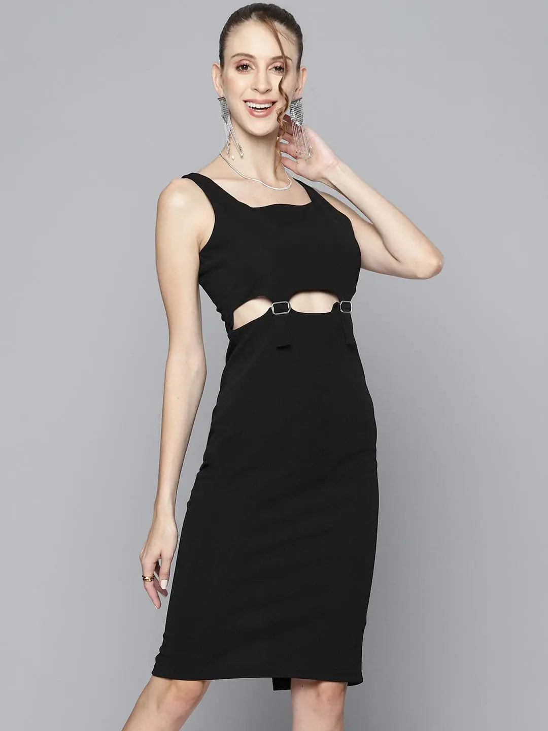 women's ball gown dressesWomen Black Cut-Out Buckle Detail Bodycon Dress