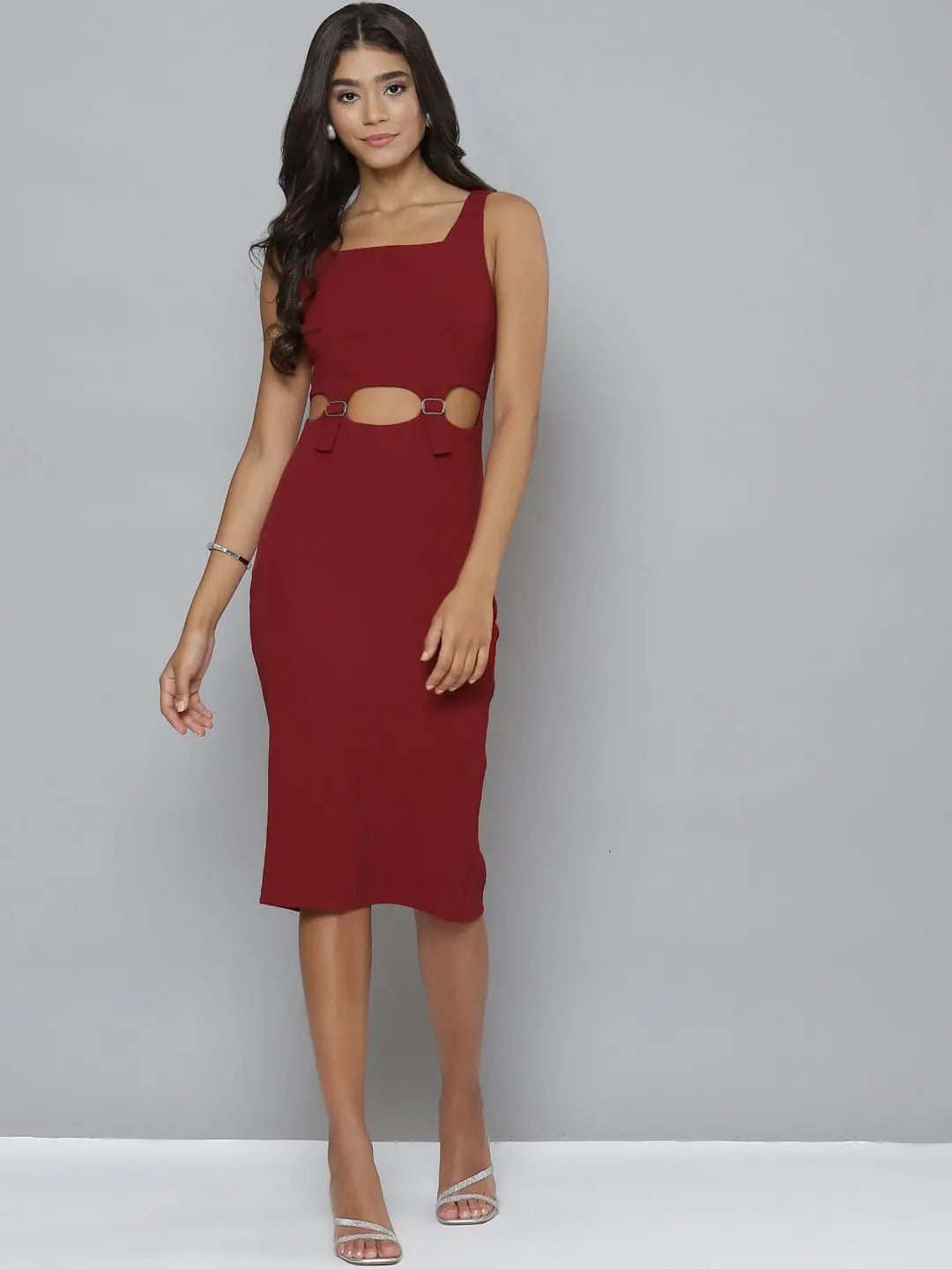 women's bridesmaid dressesWomen Maroon Cut-Out Buckle Detail Bodycon Dress