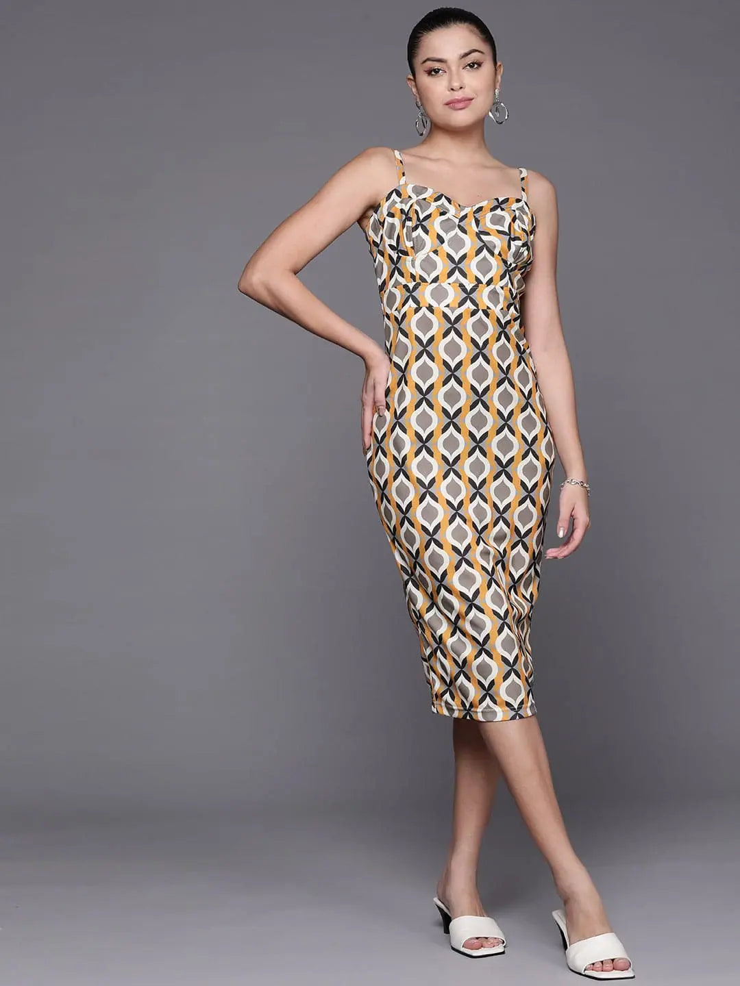 Flowy DressWomen Mustard Geometric Corset Bodycon Dress