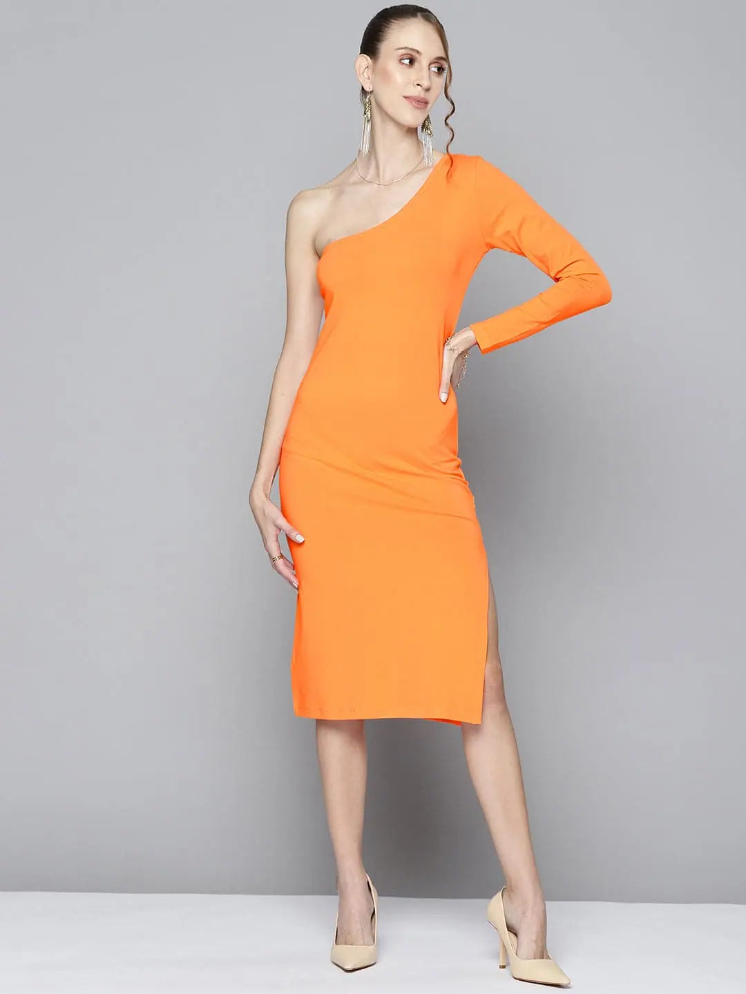 women's velvet dressesWomen Orange One Shoulder Bodycon Dress