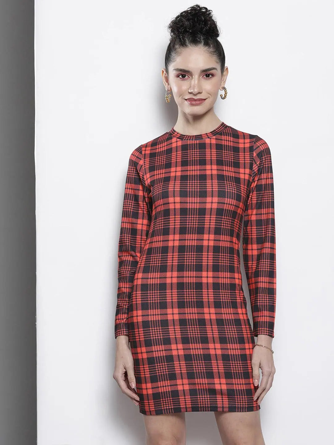 Custom DressWomen Red Check Knit High Neck Bodycon Dress