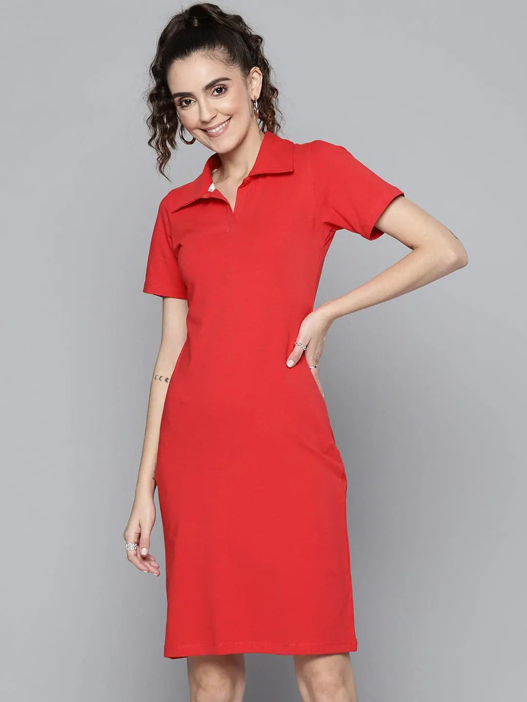 women's neon dressesWomen Red Polo Neck Bodycon Dress