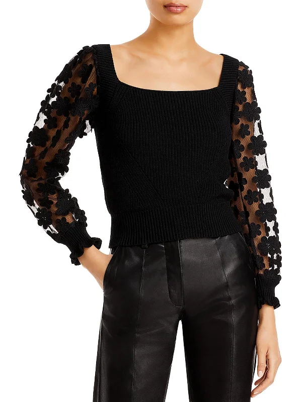 Trendy Pullover SweatersJuliet Womens Applique Sheer Crop Sweater