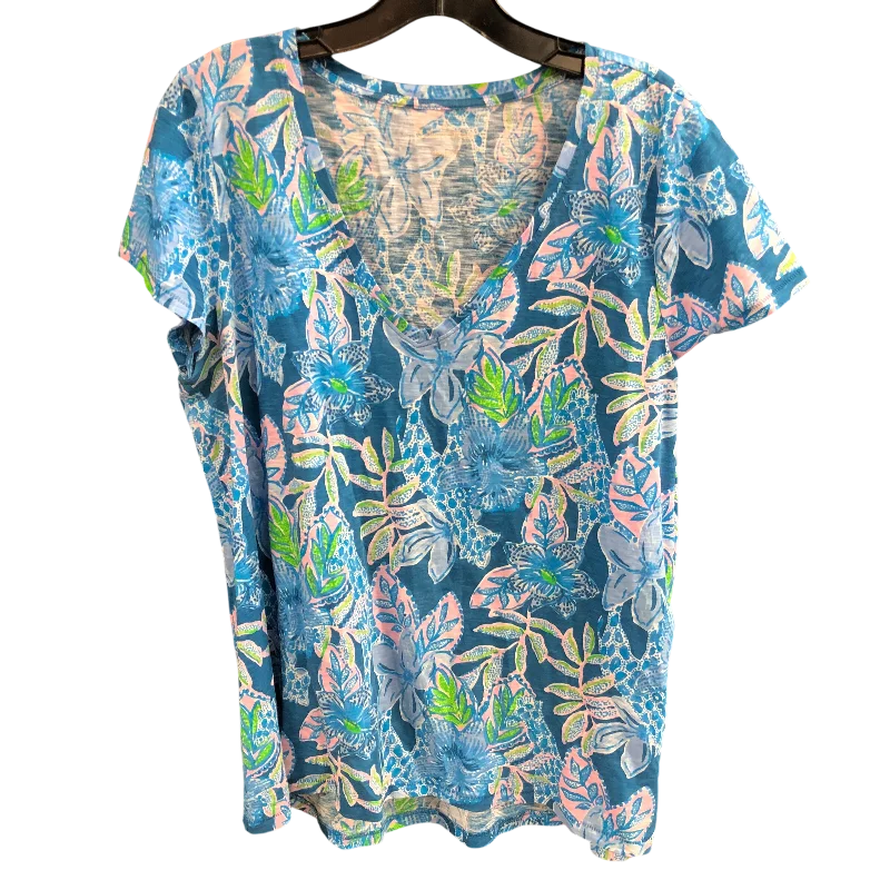 women's tops for those who want to stay cool and chic during warmer weatherTOP SHORTSLEEVE BLUE DESIGNER BY LILLY PULITZER SIZE: L